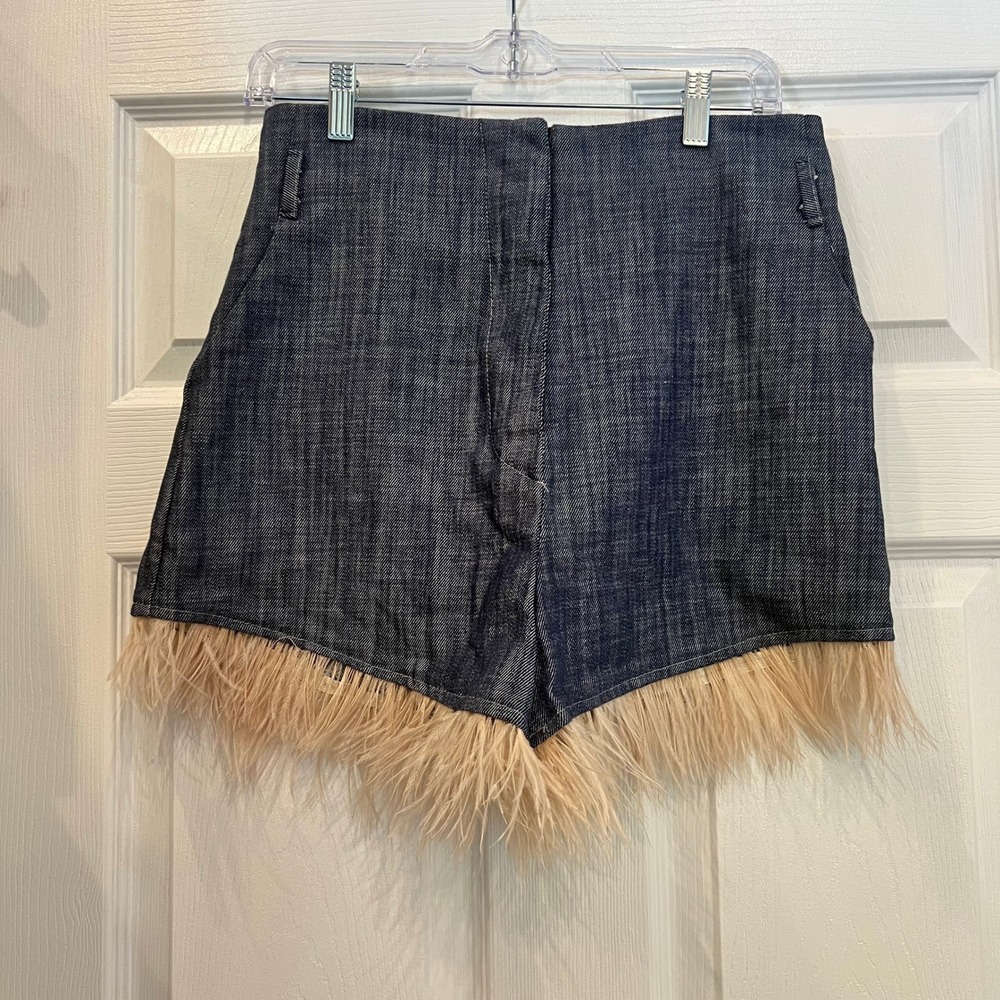 Q2 Shorts Cotton Denim Feather Trim High Waisted Blue Made in Italy Boho Glam M